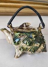 Majolica Style Conch Shell Teapot – Green & Brown Glazed Ceramic –Coastal Design