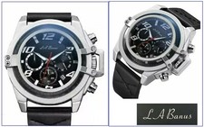 LA BANUS CHRONOGRAPH SILVER SHIELD WATCH WITH BLACK LEATHER STRAP