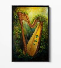 OIL PAINTING OF IRISH HARP -DEEP FLOAT EFFECT FRAMED CANVAS WALL ART PRINT