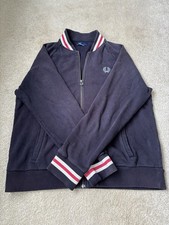 Fred Perry Jacket Mens XL Blue Twin Tipped Bomber Zip Cotton. Fleece Lining