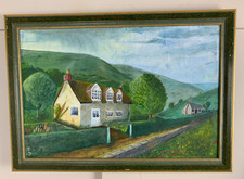 VINTAGE ORIGINAL OIL ON CANVAS SIGNED WELSH HILLS COTTAGE LANDSCAPE 20" x 14"