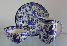 Burleigh Burgess & Leigh Blue Bird-Regal Peacock Creamer, Sugar Bowl & Tea Plate