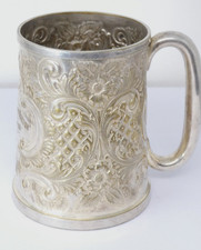 Christening Mug Dated 1914 Silver Plated Repousse Decoration Dated 1914