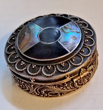 Vintage Silver Filigree Pill Box, Mother of Pearl and Black inlay to top