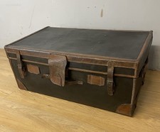 Late C19TH black canvas and leather bound trunk  