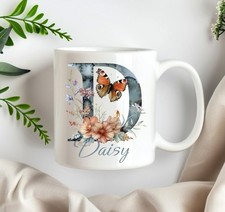 Personalised Mug Lovely Watercolour Floral Butterfly Initial Name Ideal Gift