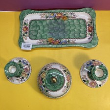 Maling Pottery Dressing Table Set 1930s In Green Peony Rose Pattern, Candle set