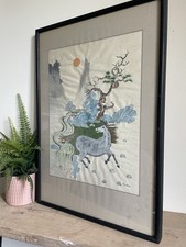 Antique Vintage Framed Chinese Scroll Painting Horse Mountains Signed PENTRA