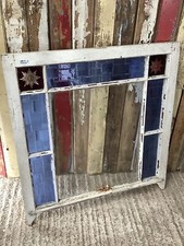Reclaimed Victorian Pine Sash Window Red Starburst & Old Blue Glass Panes