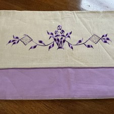 Large Vintage French Linen Sheet,Embroidered + Cut Thread work in Purple Unused