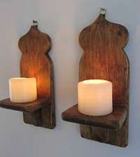 PAIR 32CM RECYCLED PALLET WOOD MOROCCAN WALL SCONCE'S LED CANDLE HOLDERS