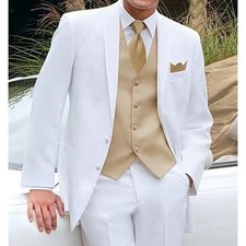 Wedding Tuxedo Formal Groom Bestman Workwear Custom Made 3Pcs White Mens Suits