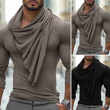 Mens Cowl Neck Ruffle Long Sleeve Blouse T-Shirt Holidy Casual Party Shirt Tops