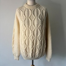 Hand Knitted Cream Wool Aran Jumper Chunky Cable Knit Beige Unisex L Chest 40"
