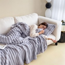 Large Ribbed Faux Fur Warm Fleece Throw Over Soft Sofa Bed Blanket Double & King
