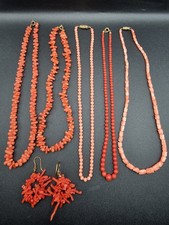 Vintage Coral Jewellery Branch Beaded Floral Carved Necklace Earrings x6
