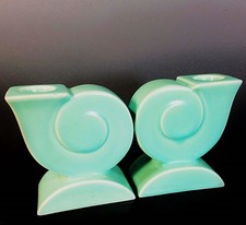 RARE PAIR of POOLE POTTERY SYLVAN WARE ART DECO TABLE CANDLESTICKS by JOHN ADAMS
