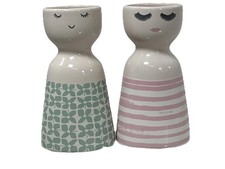 Next, Set of 2 Vases, Simple Faces Green Leaves Pink Stripes Perfect Condition