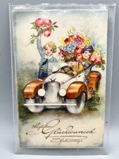 VINTAGE 1931 GERMAN BIRTHDAY POSTCARD – CHILDREN & CAR ARTWORK – BERLIN CANCEL S
