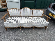 Elegant Vintage French Sofa Carved Wood, Blue & Cream Jacquard Fabric, Louis XV