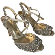 Roland Cartier Strappy Jewel Embellished Gold Mid-Heel Evening Sandal Uk 4 Eu 37