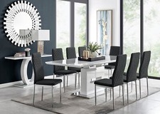 AREZZO White High Gloss Extending Dining Table & 8 Faux Leather Milan Chairs