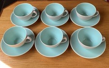 VINTAGE POOLE POTTERY TWINTONE ICE GREEN & SEAGULL SET OF 6 TEA CUPS & 6 SAUCERS