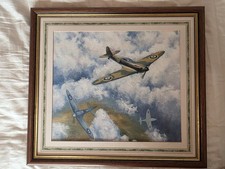 Vtg Original Oil Painting Spitfire Aircraft Flight WW2 Aviation Military Framed
