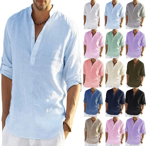 Men cotton linen henley shirts - linen,