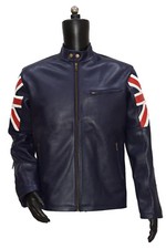 UK Flag Men Biker Leather Jacket Navy Blue Vintage Style Motorcycle Cafe Racer