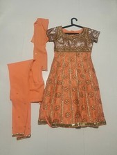  Ladies Indian Pakistani Asian Anarkali Dress Peach Gold Pink  Churidar Size UK8