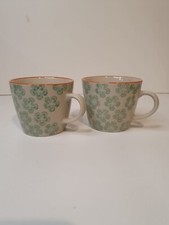 Joyye Mugs Green Flower Leaf Petal Design X 2 Cups Orange Detail Rim