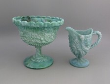 Henry Greener Green Malachite Glass Sugar Bowl & Creamer Rose,Shamrock & Thistle