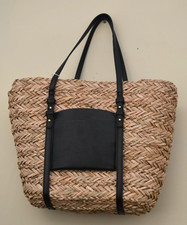New M&S Straw Large Tote Shoulder/ Beach Bag Tan or Black Trim rrp £45