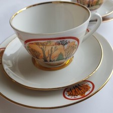 Lomonosov Ceramic Tea Mug Cup Saucer Trio Folk Art Autumn USSR Vintage Soviet