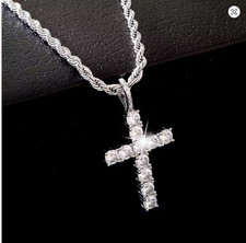 Hip Hop Iced Out Cross Pendant Necklace Silver Plated 20"–50cm Mens Bling Chain