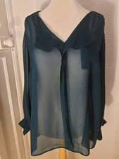 Size 22 Evans Emerald Green/Black Spot Chiffon Ruffle Long Sleeve Blouse VGC