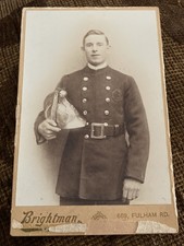 Victorian Cabinet Card Photo Fireman In Uniform w/ Helmet - Brightman 