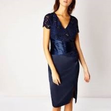 Coast Navy Lace Satin Embelished Pleated Dress Size 12  RRP £169 Wedding Evening