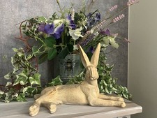 New Rabbit Ornament Laying Down Faux Wooden Carved Resin Gift Chalk finish Large