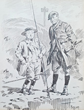 W J HODGSON PEN INK CARTOON FOR PUNCH NERVOUS FISHERMAN AND MENACING GAMEKEEPER
