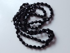 Black Faceted Glass Bead Flapper Length Necklace French Jet Mounrning