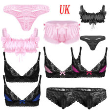 UK Mens Sissy Crossdresser Ruffled Satin Thong Panties Lingerie Set Nightwear