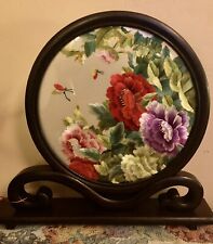 Hunan Chinese Embroidery Double Sided Silk Art Floral Stand Decorative Wooden