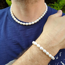 Silver Real Freshwater Vintage White Pearl Necklace Bracelet Set Gift Bag UK