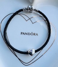 Pandora Black Leather Bracelet 18cm & Heart charm 790134PCZ Pink Cubic Zirconia