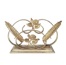 Vintage 60s Metal Leaf & Rose Design Desktop Letter Rack Decor Art Deco Holder