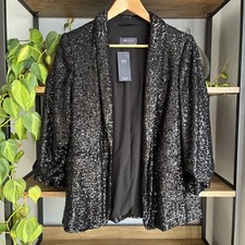 M&S Sequin Jacket 12 Black Blazer Ruched Sleeves Open Front New with Tags