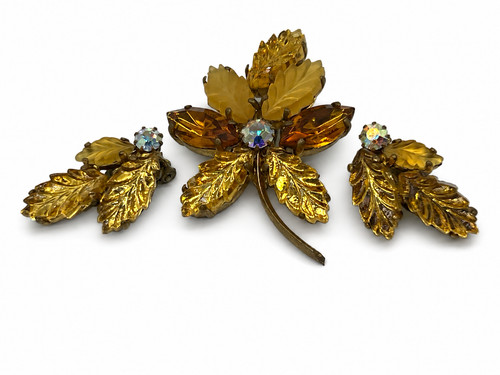 Vintage amber rhinestone leaf - rhinestone,