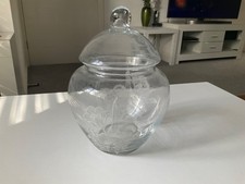 Engraved Glass Candy bowl With Lid. Approximately 24cm tall x 16cm diameter